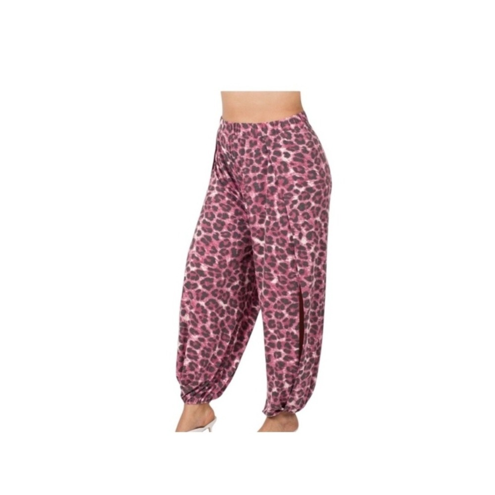 ZENANA Leopard Print Split Side Pant Joggers Elastic Waist 3X Pink Cranberry New - Picture 8 of 12